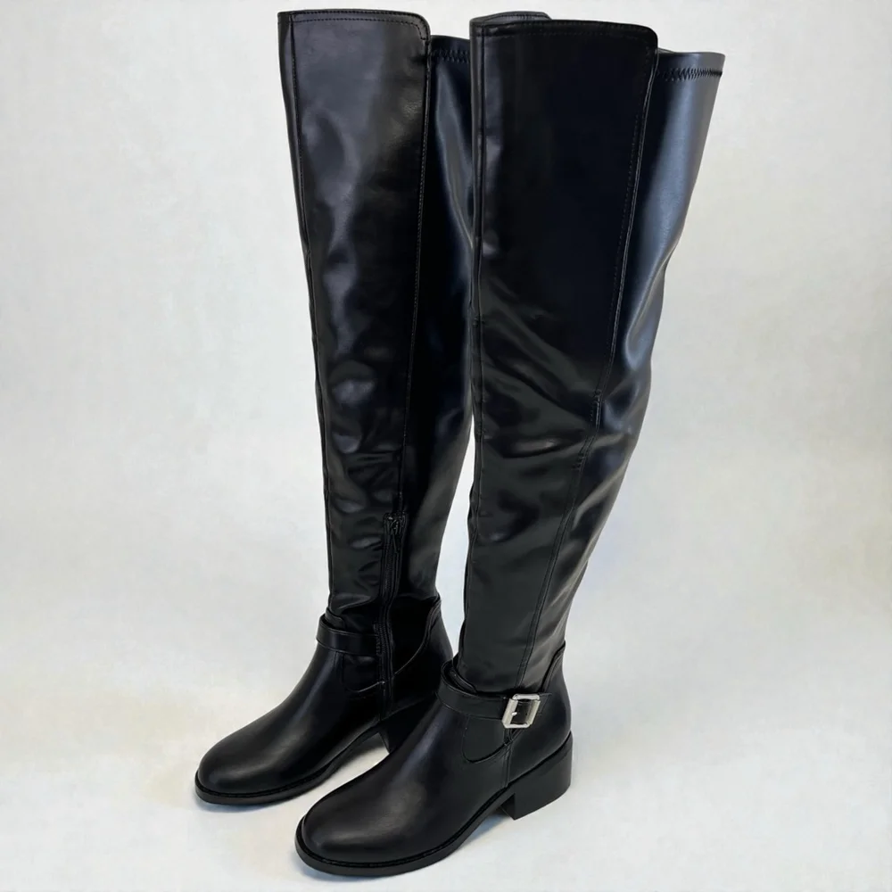 Black Over The Knee Boots Low Block Heel Buckle Riding Boots Size 5 DV Dolce Vit